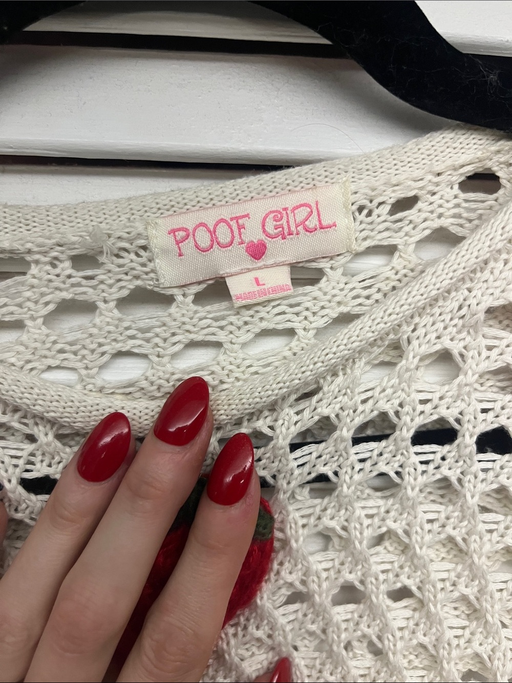 Girl Cream Crochet Sweater with Red Strawberry Appliqués - Picture 3 of 5